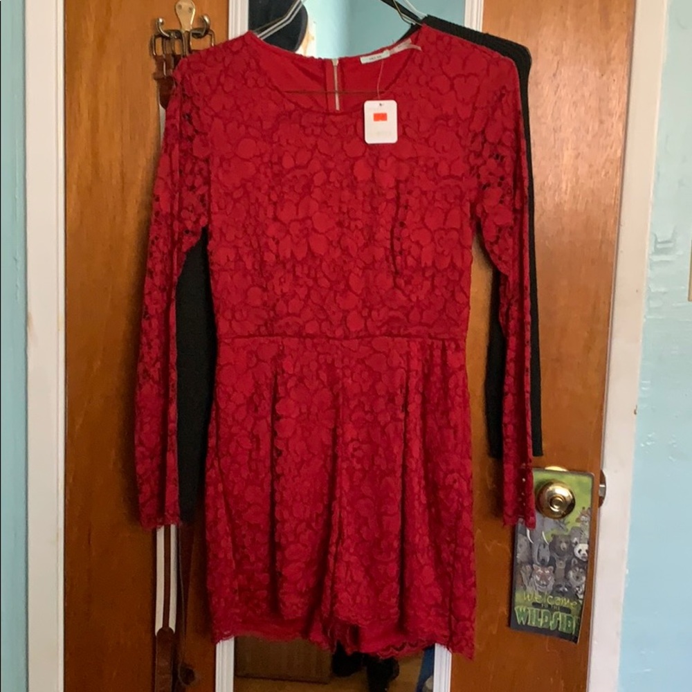 Red Romper Floral Knit